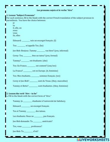 Les Pronoms sujets et le verbe -être-