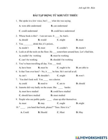 Bài tập động từ khuyết thiếu