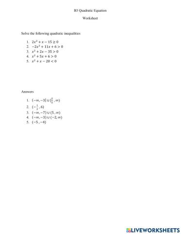 Inequalities quadratic worksheet