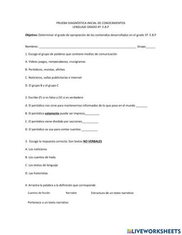 PRUEBA INICIAL DIAGNÓSTICA 4o. EBP