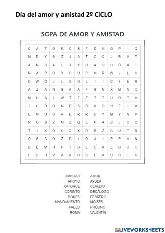 Sopa letras amor y amistad