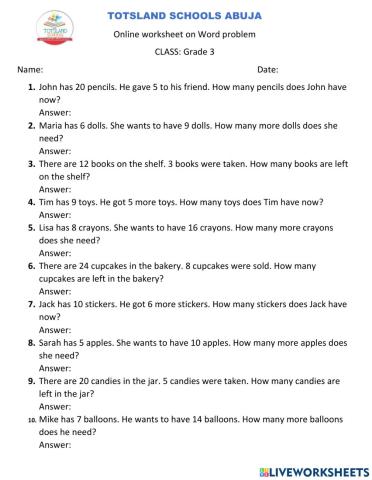 Addition and Subtraction word problems
