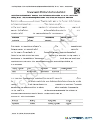 Carrying Capacity - Limiting Factors Interactive Activity