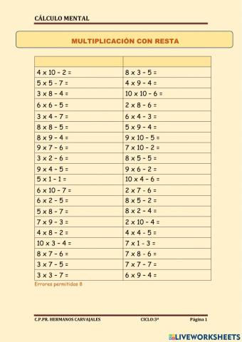 Cálculo mental. multiplicación con resta