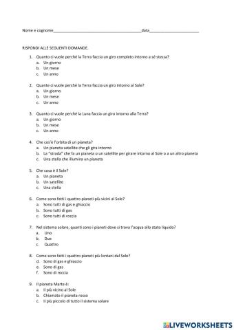 Il sistema solare e la luna