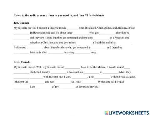 TV-TV Programs-6 ppl Fav Movie Dictation Exercise