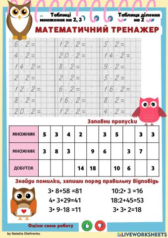 Таблиці множення на 2,3, ділення на 2