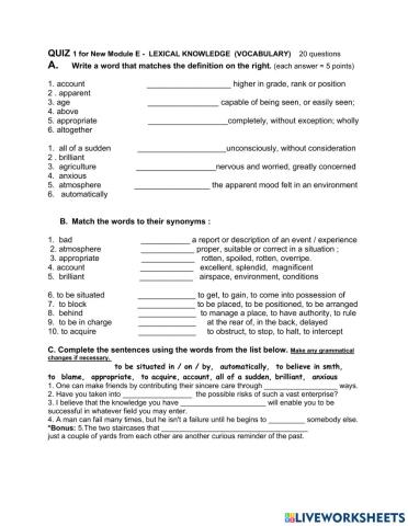 Vocabulary Quiz 1 New Module E
