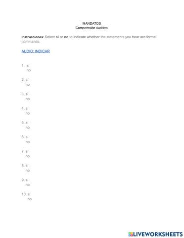 Prueba auditiva: Mandatos