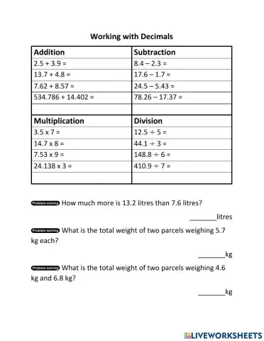 Working with Decimals Worksheet