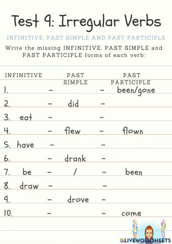 Test 9: Infinitive, Past Simple and Past Participle