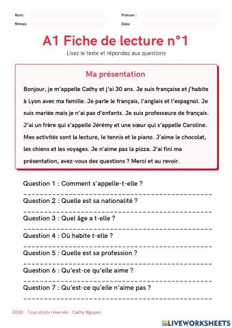 A1 Fiche de lecture n°1-Ma présentation