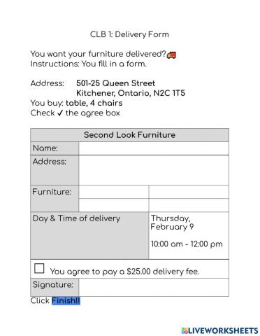 CLB 1: Furniture Delivery Form