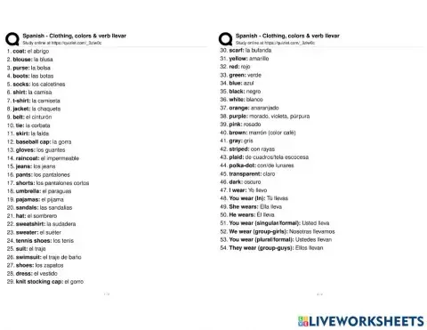 Vocabulary for Clothing, Colors and the verb LLEVAR