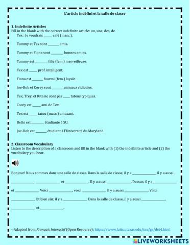 Les articles indéfinis et la salle de classe