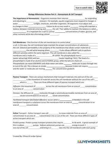 Biology Milestones Prep - Active vs. Passive Transport Cloze Activity