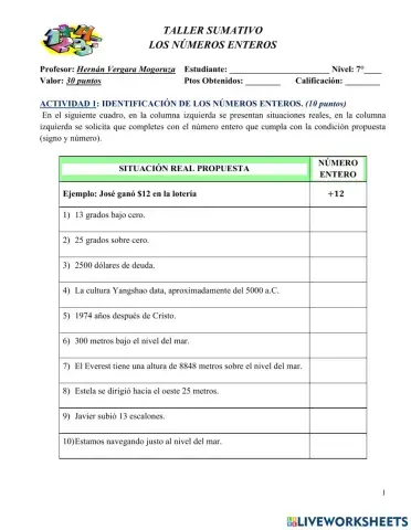 Taller de Reconocimiento de Números Enteros