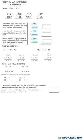 Grade 3 assessment addition & subtraction