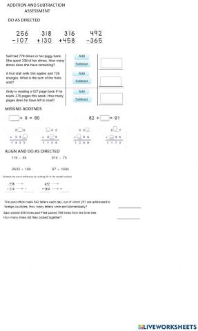Grade 3 assessment addition & subtraction
