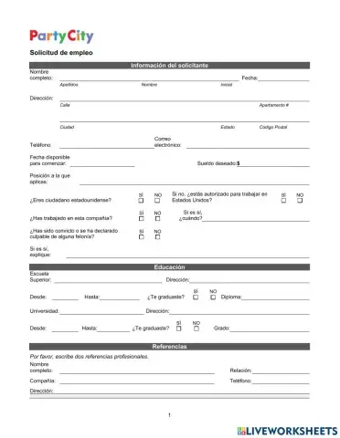 Solicitud empleo Party City