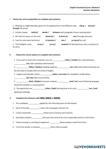 Revision worksheet Module 8