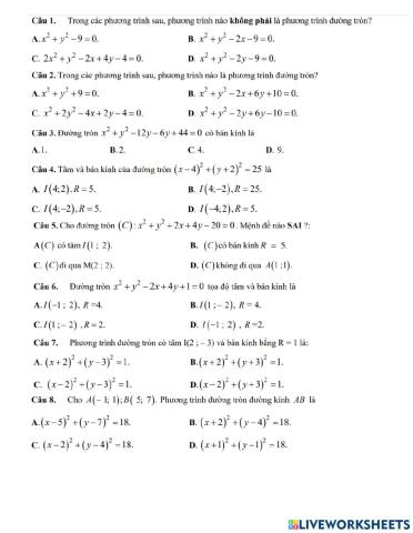 K10.Ôn tập Kiểm tra Giữa HK2 - Phương trình đường tròn