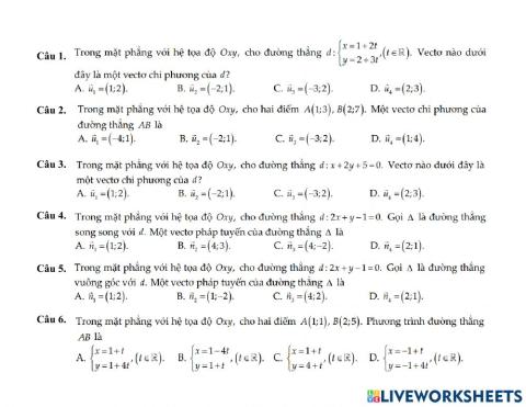 K10.Ôn tập Kiểm tra Giữa HK2 - Phương trình đường thẳng