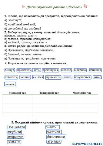 Діагностувальна робота -Дієслово-