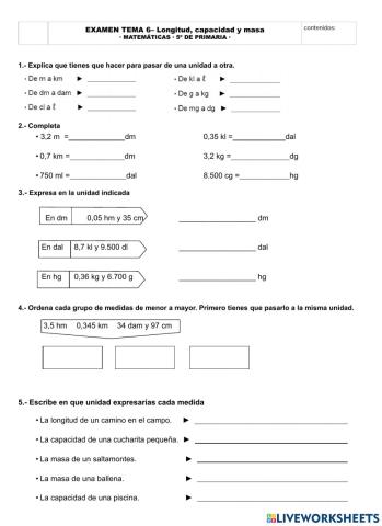 Examen magnitudes 5º Primaria