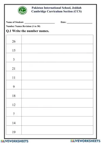 Number Names 1 to 30