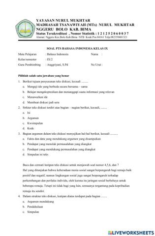 Soal pts mts nurul mukhtar tahun ajaran 2022-2023