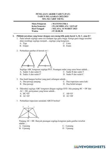 Pat MATEMATIKA kelas 9 mts ma'arif tieng kejajar wonosobo tahun 2022-2023