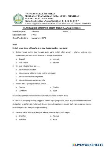 Soal pts bahasa indonesia kelas vii