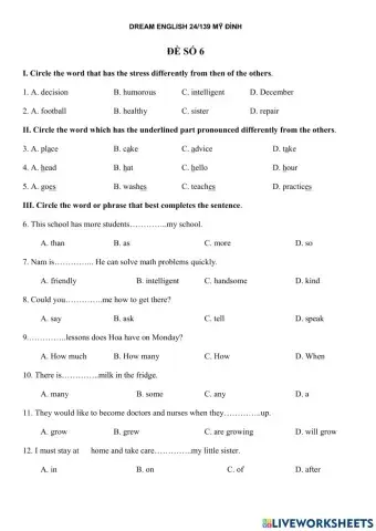 Đề thi tiếng Anh vào 6 chất lượng cao