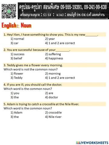 ข้อสอบวิชาภาษาอังกฤษ เรื่อง Noun