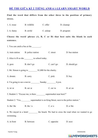 Đề giữa học kỳ II Tiếng Anh 6