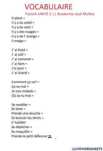 Vocabulaire french unité 2