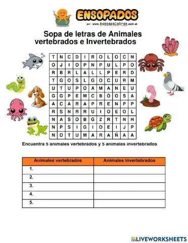 Sopa de letras vertebrados e invertebrados