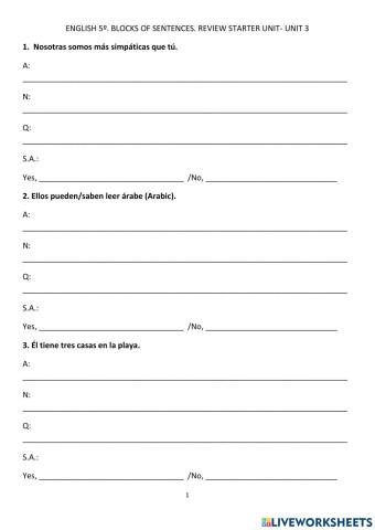 Blocks of sentences 5º. starter unit to unit 3