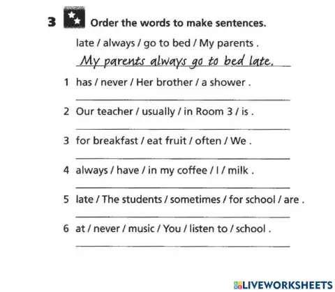Adverbs of frequency order the phrases to make a correct sentence by Teacher KASIM