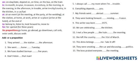 Prepositions practice: on, in, at, to, for