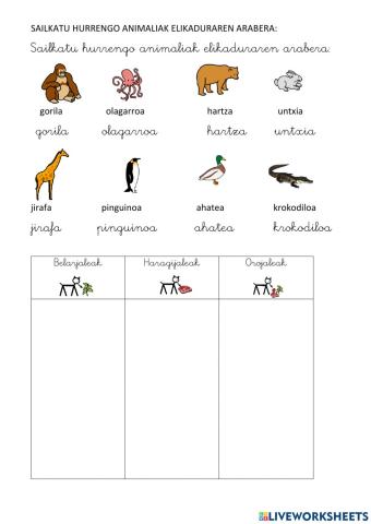 Animaliak sailkatu elikaduraren arabera