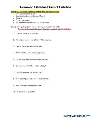 Common Sentence Errors Worksheet
