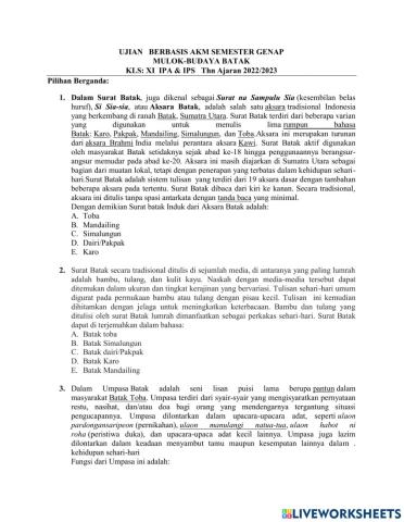 Soal Mulok-Budaya Batak kls: XI