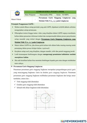 LKPD Persamaan Garis Singgung Lingkaran Bagian 1
