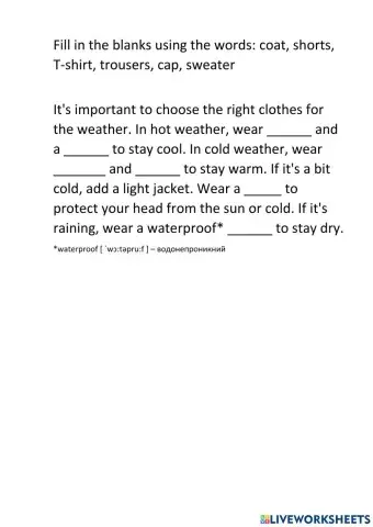 Clothes. Fill in the blanks