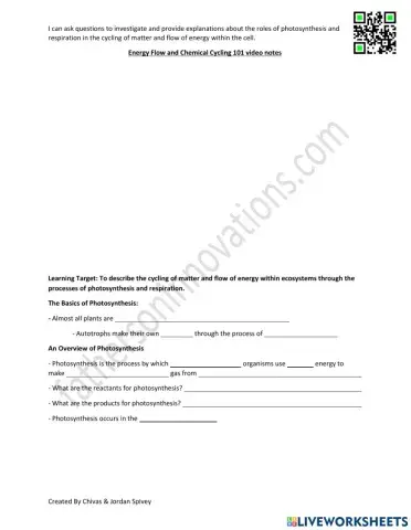 Photosynthesis & Respiration Energy Cycling video notes