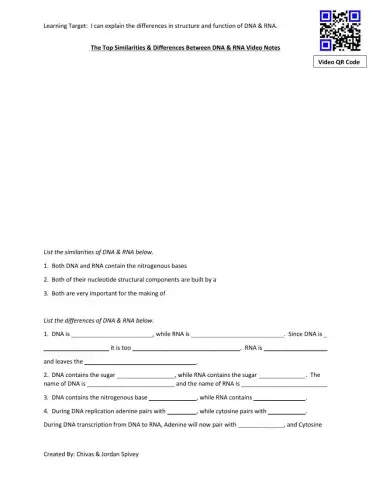 DNA vs. RNA video notes with video & Quiz