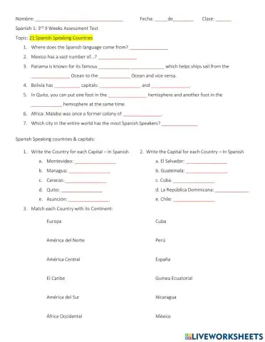 Spanish 1 - 3rd 9 Weeks Assessment Test