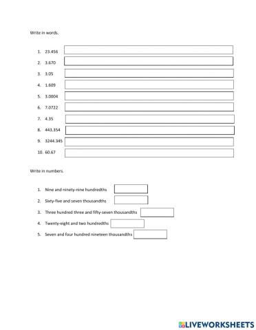 Writing decimals in words and numbers